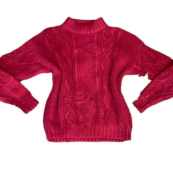 VTG Lydia Jane Ltd Hand-Knit Cotton Blend Mock Neck Chunky Sweater Sz L Red 246E - Picture 1 of 9